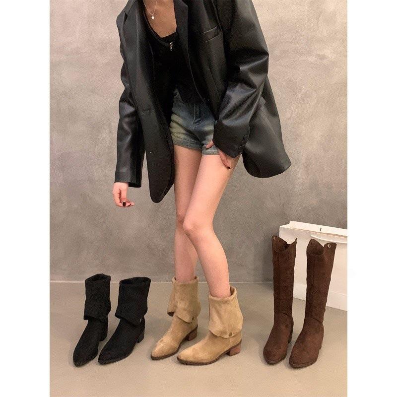 Coarse Heel V-mouth Skinny Boots Coffee Long Knight Boots Suede Pile Medium Long Boots