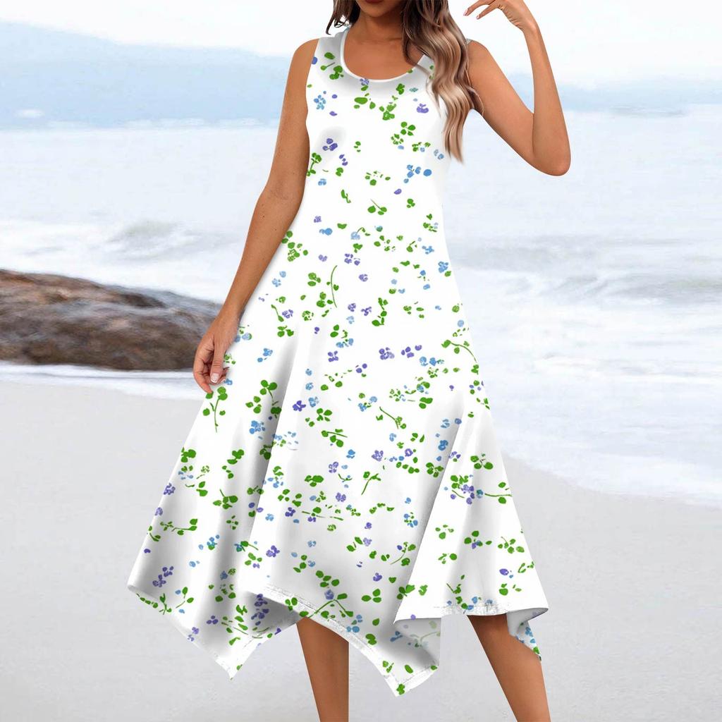 Women's Casual Fashion Round Neck Sleeveless Floral Print Irregular Hem Midi Dress