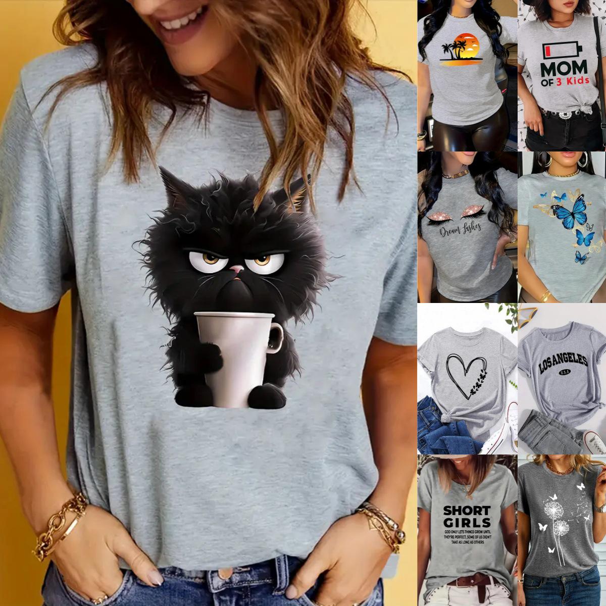 

Light Grey Women s Short-Sleeved European and American Top with Picture Design XX-Large