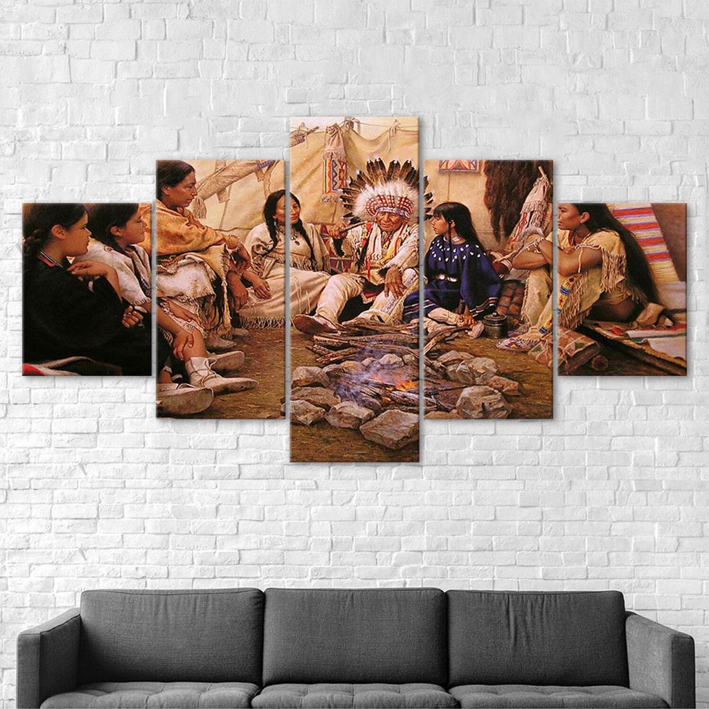 Native American Indian Family Canvas 5 Piece Five Panel Wall Print Modern Art Poster Picture Home Decor Gift For Him For Her