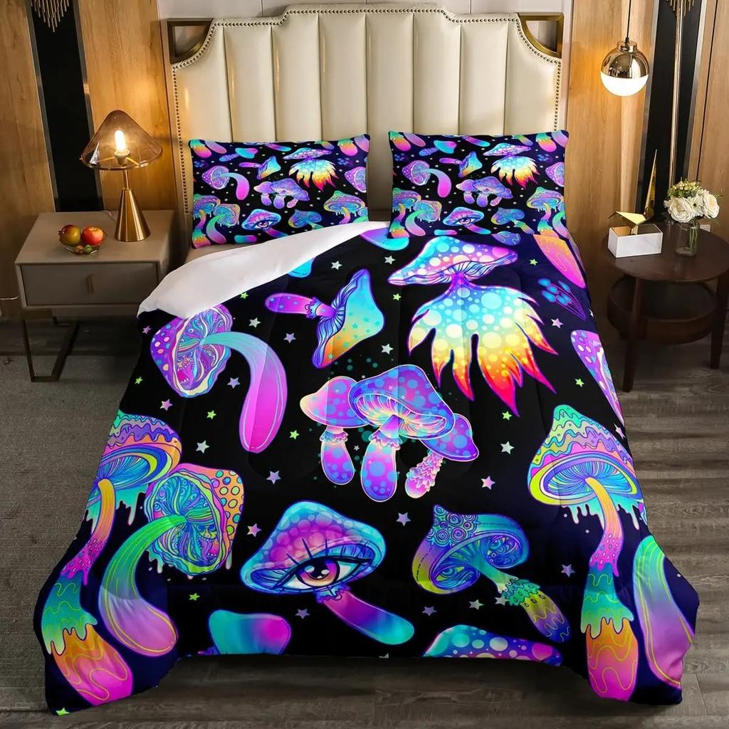 Red Mushroom Kawaii Comforter Set Twin Size Kids Bedding Botanical Plant Print Quilt for Boys Girls Adults