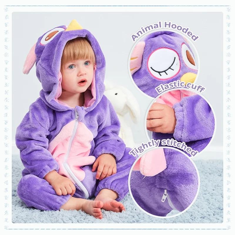 Winter Halloween Dinosaur Kigurumi Cosplay Clothes Hooded Animal Cow Monkey Unicorn Onesies Baby Thick Romper Newborn Jumpsuit