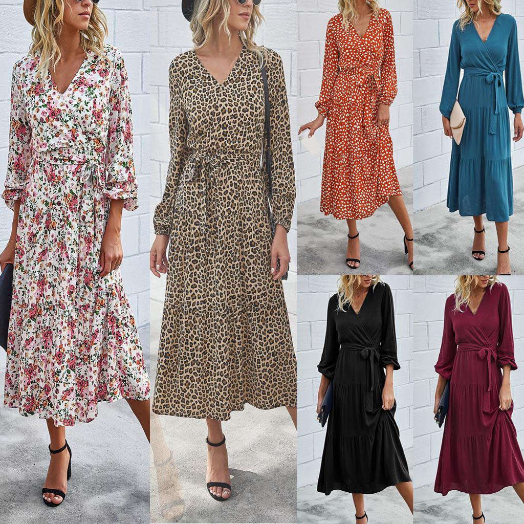 

Women Fashion V-neck Printing Long Sleeves Back Up Nine Point Sleeve Dress