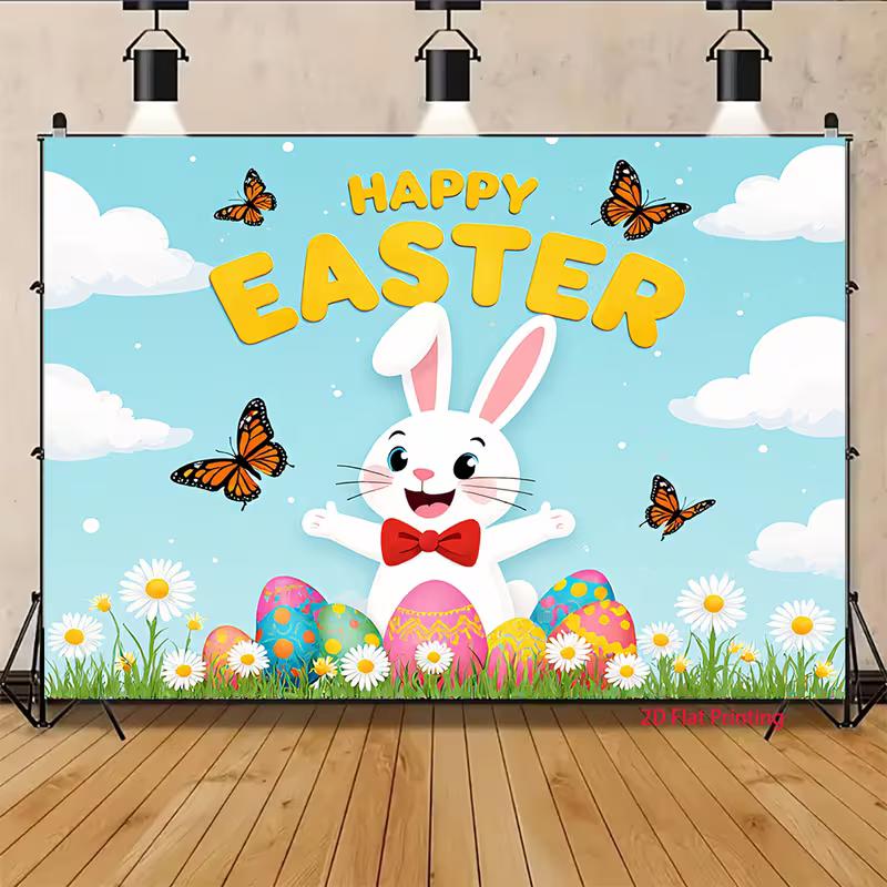 2D Easter Rabbit Colorful Eggs Photo Background