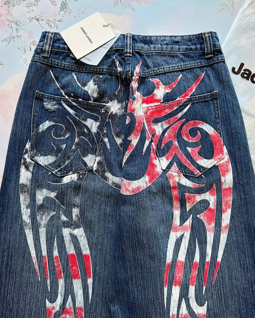 European and American new hip-hop pattern printed loose jeans women's y2k high street retro Harajuku trousers