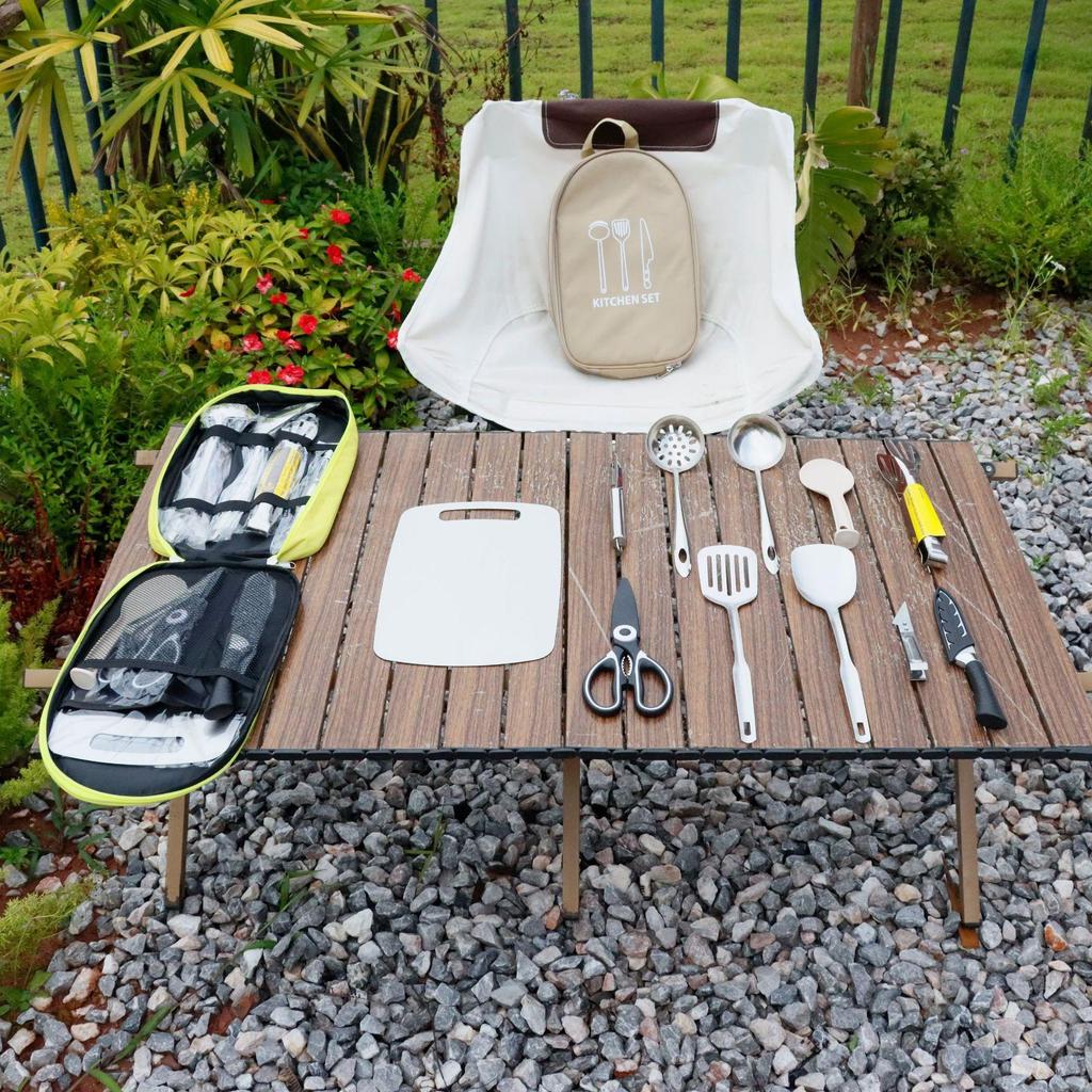 Portable Multi-Functional Camping Cookware Set with Knives and Storage Bag