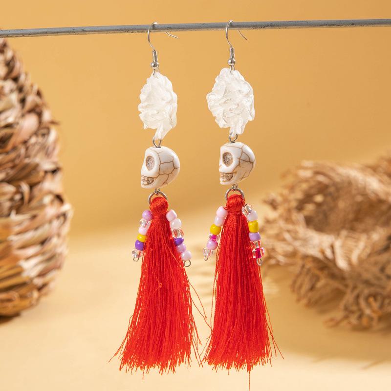 Halloween, Divertenti Divertenti Orecchini con Tassel Teschio Perline di Riso Creativi Orecchini a Rosa