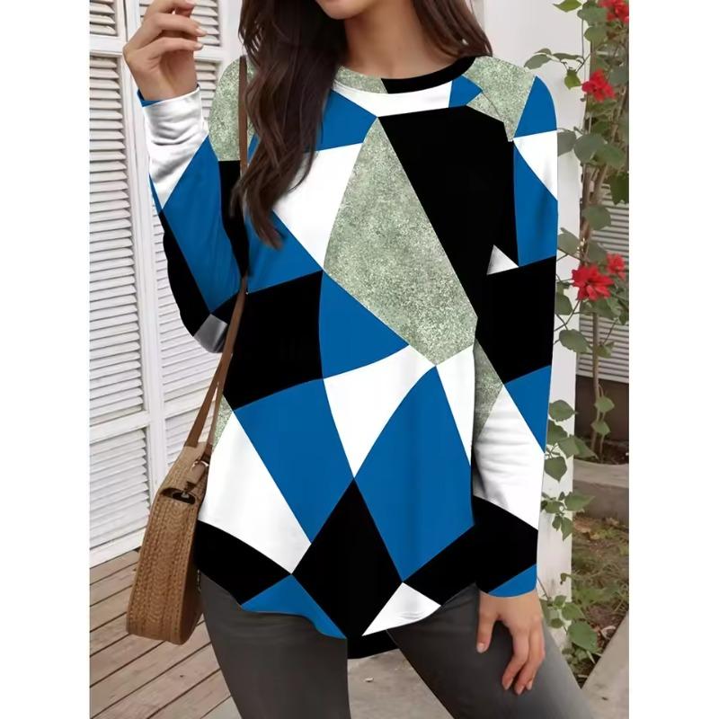 Autumn Fashion Women's Graphic Geometric Abstract O-Neck Long Sleeve T-Shirt Casual Tops Womens Clothing Harajuku Pullover