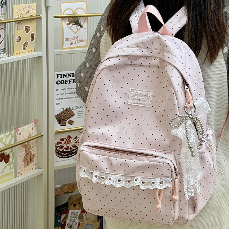 Schoolbag, Japanese-style girl's polka dot backpack, women's large capacity lightweight student backpack, cute cartoon new versatile backpack