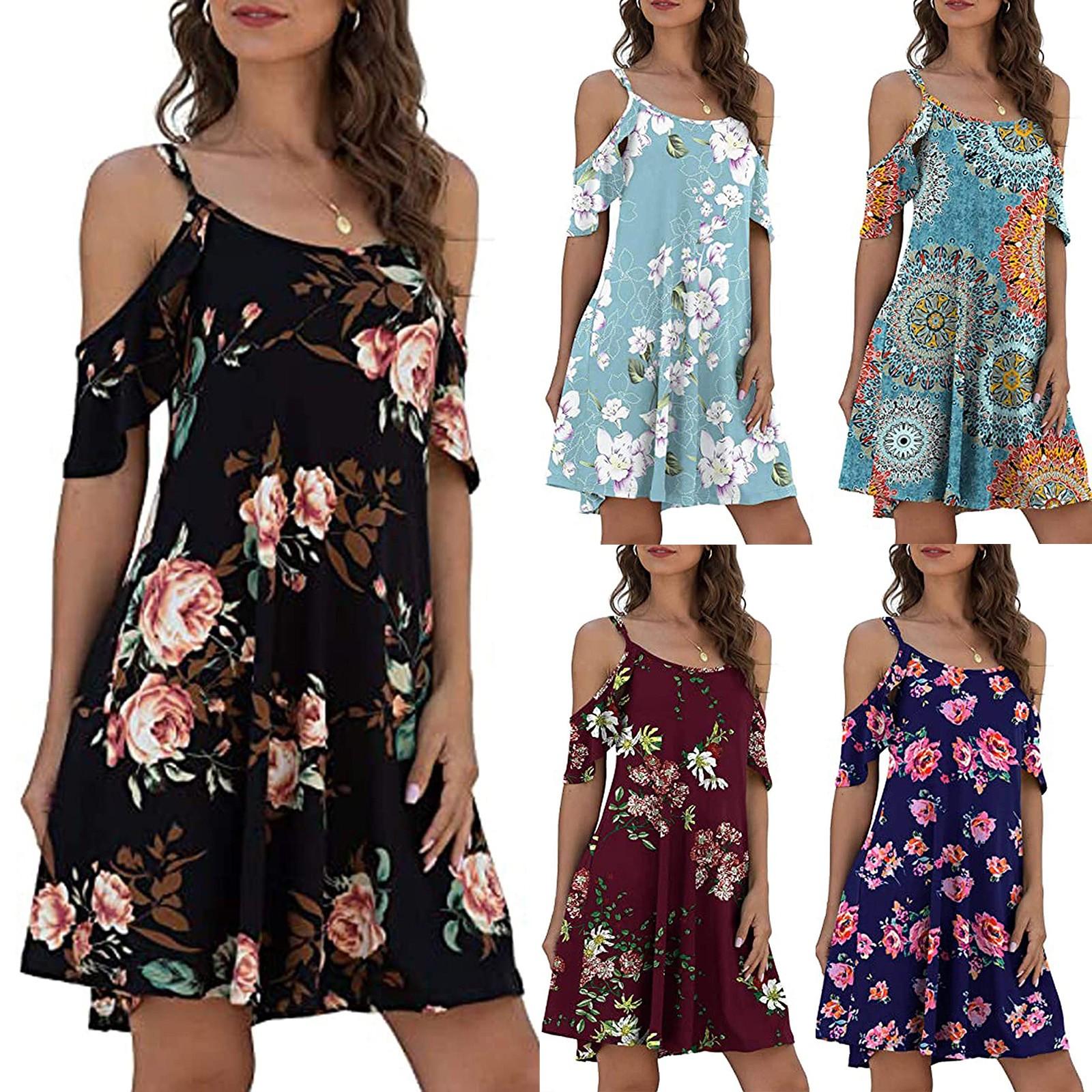 

Модное женское повседневное летнее платье без бретелек с коротким рукавом и принтом