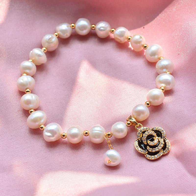 100% Natural Freshwater Pearl Sweet Rose Flower 14K Gold Filled Female Beads Chain  For Women Bracelet Gifts No Fade
