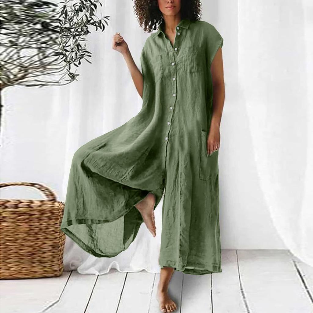 Women's Solid Color Three Quarter Sleeve Collared Button Down Linen Wide Leg Jumpsuit Casual Spring Long Romper With Pockets