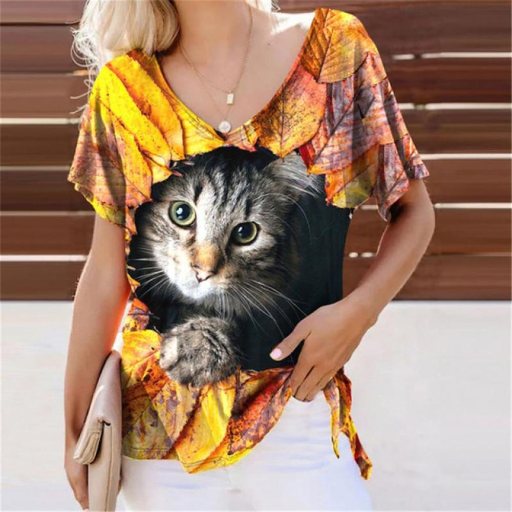 Summer Lovely Cat 3D Print T-Shirts Women Casual V-Neck Short Sleeve T Shirt Y2k Harajuku Animal Tees Loose Tops Female Clothing