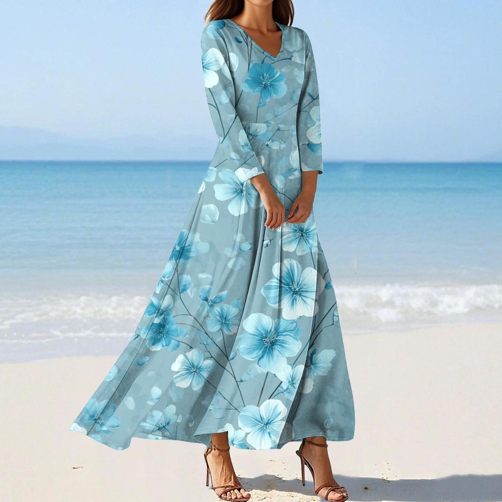 Women's Fashion V-Neck Floating Beach Dresses Seven Sleeve Floral Printed Dresses