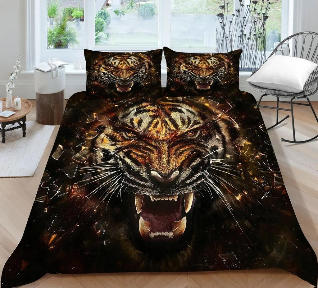 3D Bedding Set Black Duvet Quilt Cover Set Comforter Cover Pillowcase King Queen Size Animal Tiger Printed Polyester Quilt Cover