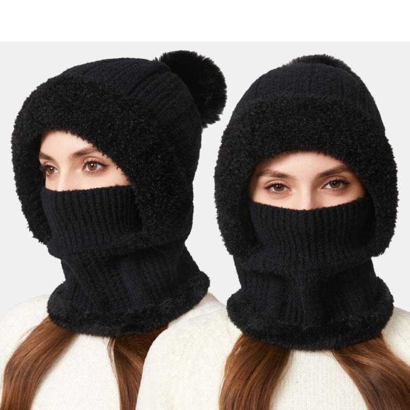 One-Piece Knitted Hat Women's Autumn Winter Thick Hat Scarf Mask One-Piece Wool Hat Cycling Windproof Warm Hat