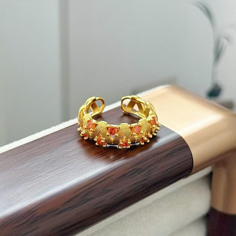 Medieval Vintage Flower Butterfly Brushed Opening Ring Light Luxury Niche Exquisite Zircon High-End Ring Woman