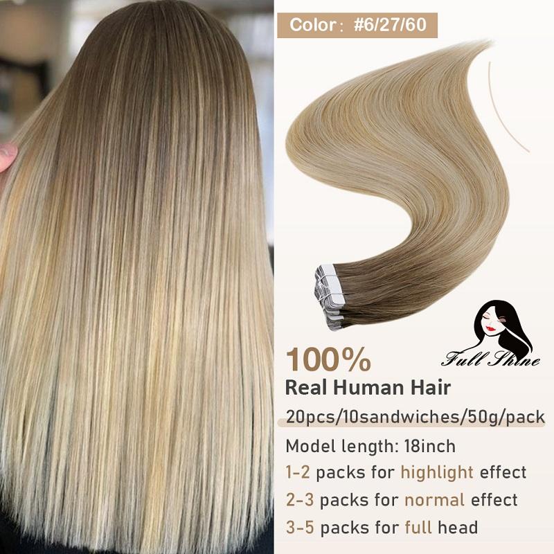 Full Shine Tape in Hair Extensions Remy Human Hair Balayage Highlights Natural Hair For Salon