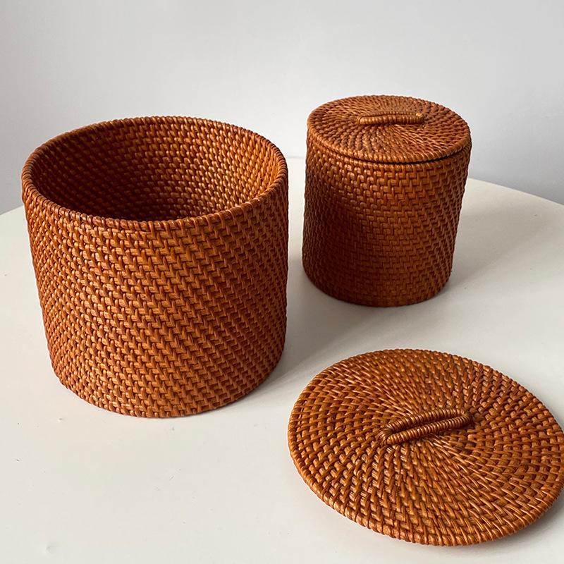 Scatola portaoggetti in rattan Scatole portaoggetti rotonde fatte a mano Stile giapponese Cesto per organizzare generi alimentari domestici Accessori per l'organizzazione