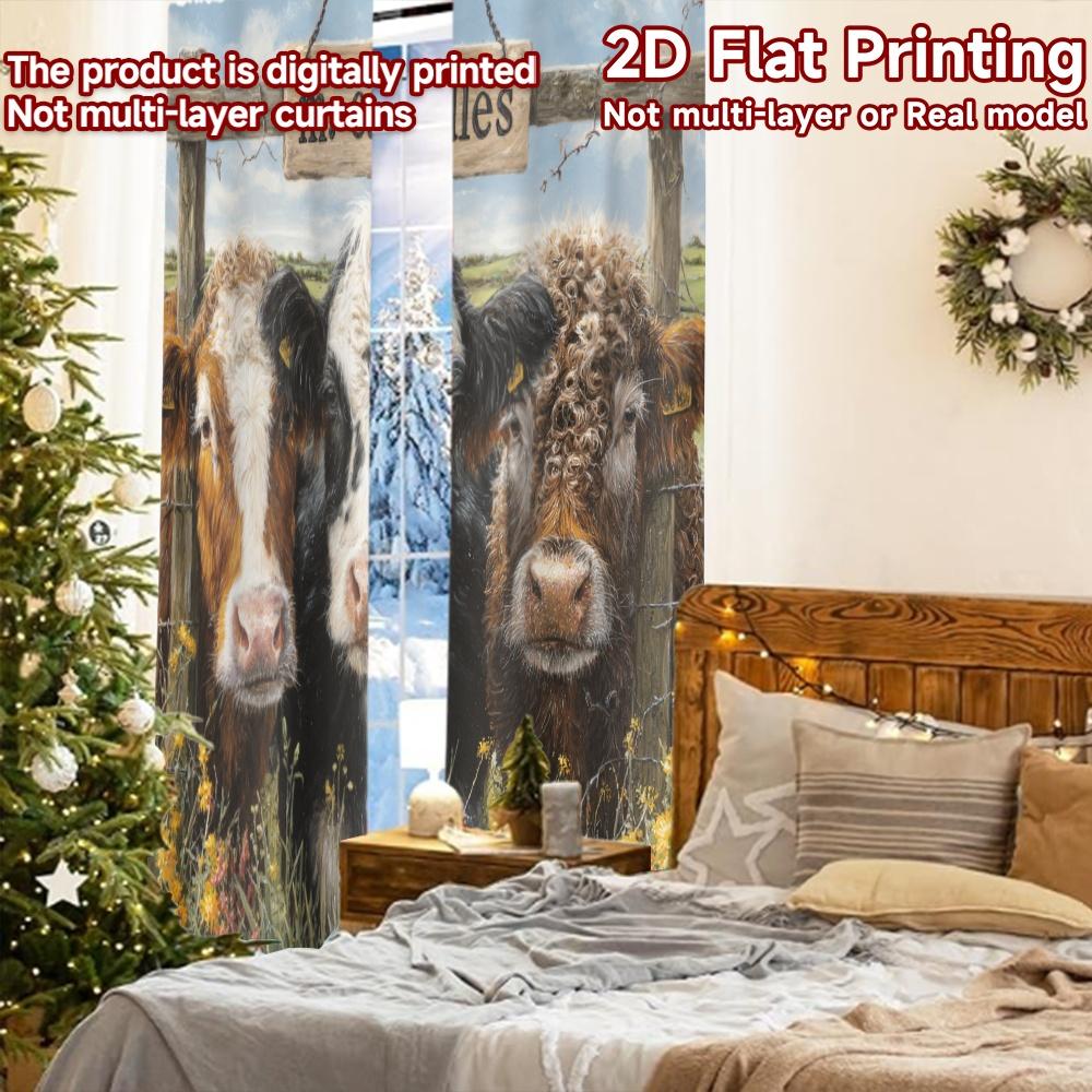 2pcs, 2D FLAT PRINTING Curtains (Without Rod) Curious Cows Holiday Curtains Versatile Durable Polyester Curtains Versatile All