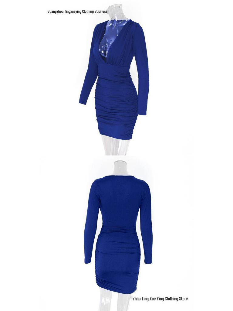 European Sexy Deep V Ruffled Bodycon Dress for Autumn/Winter