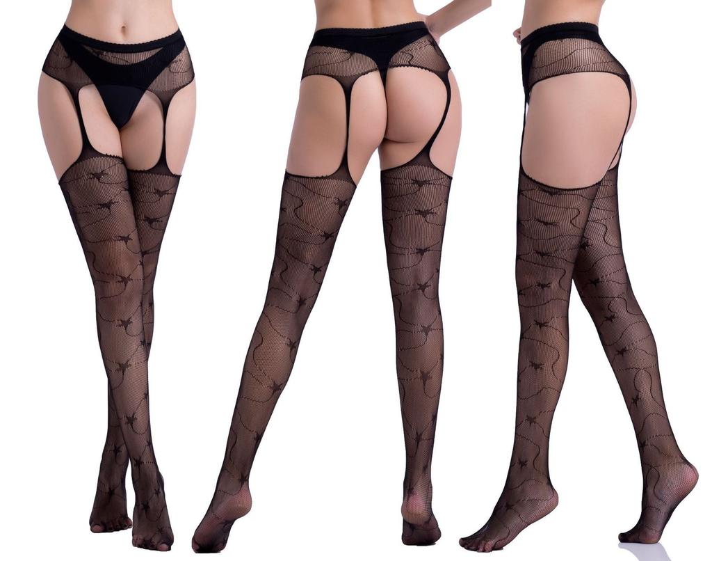 Four-Sided Open Suspenders, Pantyhose, Beautiful Legs, Elastic Fishing Net Socks, Hollow Cross Suspenders, Integrated Stockings, Small Grid