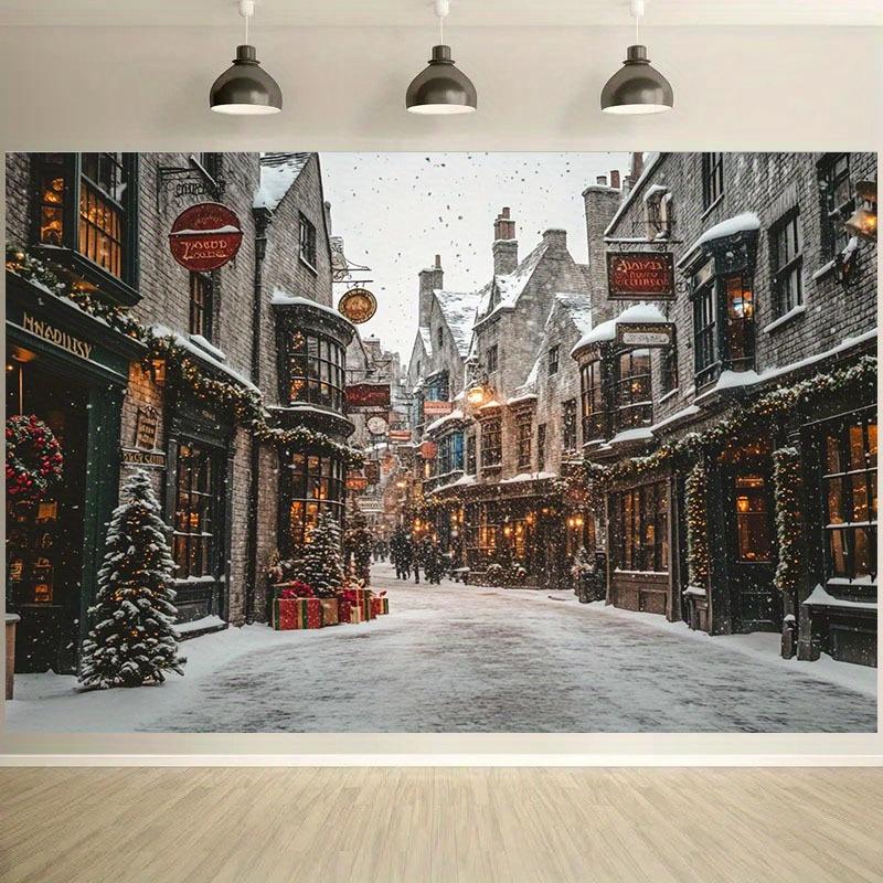 1Pcs Christmas Snowy Townscape Lit Street Scene Decoration Background Xmas Backdrop Decorations For Photo Studio Booth Party