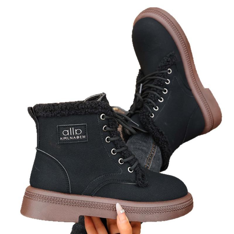 Women's Wide Width Front Lace-Up Martin Boots - Winter Warm Fleece Lined Ankle Boots, Fashion Casual Boots for Fall