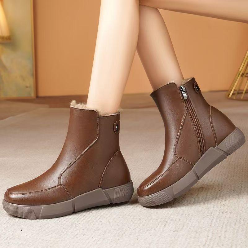 Women Winter New Leather Big Size Ankle Snow Boots Thick Sole Non Slip Thicken Plush Keep Warm High Top Flat sole Cotton Boots