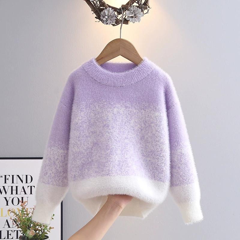 

Детский свитер Утепленный Градиентный цвет Имитация норки Вязаный свитер на осень и зиму Одежда для девочек на зиму 130 фиолетовый