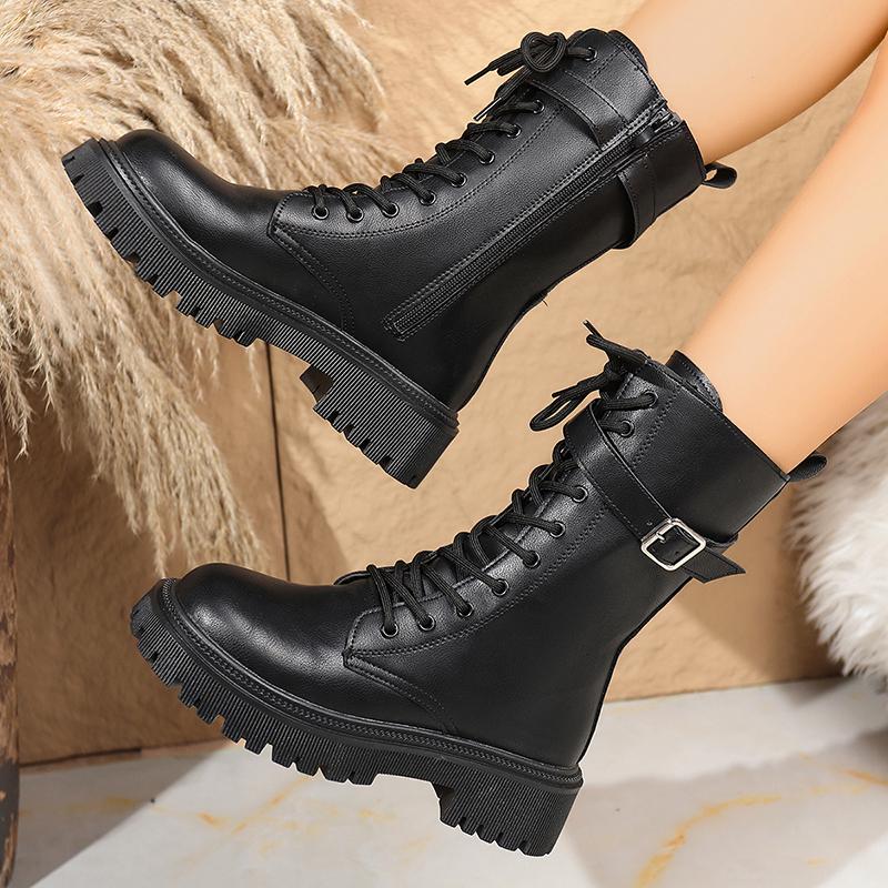 Fashion Fashion Buckle Platform Mid Calf Boots Women Lace Up Punk Motorcycle Boots Woman Autumn Winter Thick Sole Pu Leather Botas 35-42