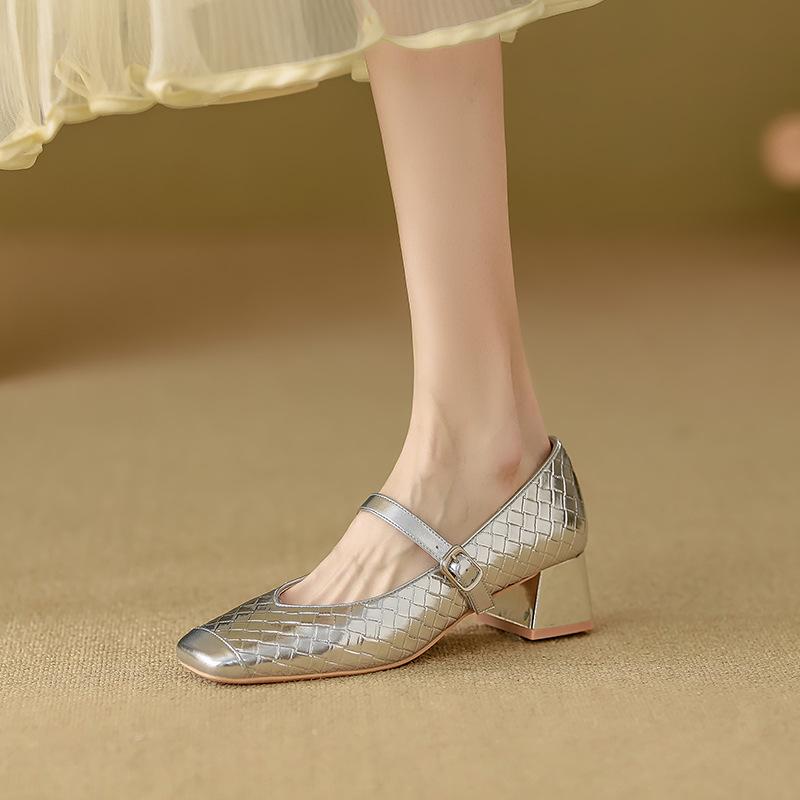 Sheepskin Version~ Silver Single Shoes Women's 2025 New High Heels Women's Wear High-end Thick Heels Women's Shoes Are Not Tired