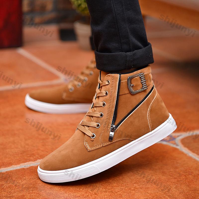 Fashion Men's Boots 2024 Autumn Thick Soled Warm Zipper Lace-up Korean Belt Buckle Comfort High Top Flat Bottom British Sports Boots