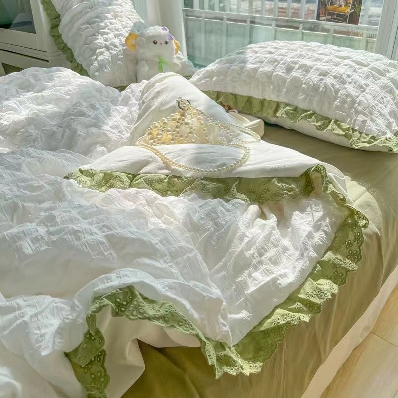 

Korean Princess Bedding Set Duvet Cover Ins Style Wash Cotton Solid Color Summer Soft Bed Sheet Set Comforter Set Quilt Cover 150 x 200 3pcs