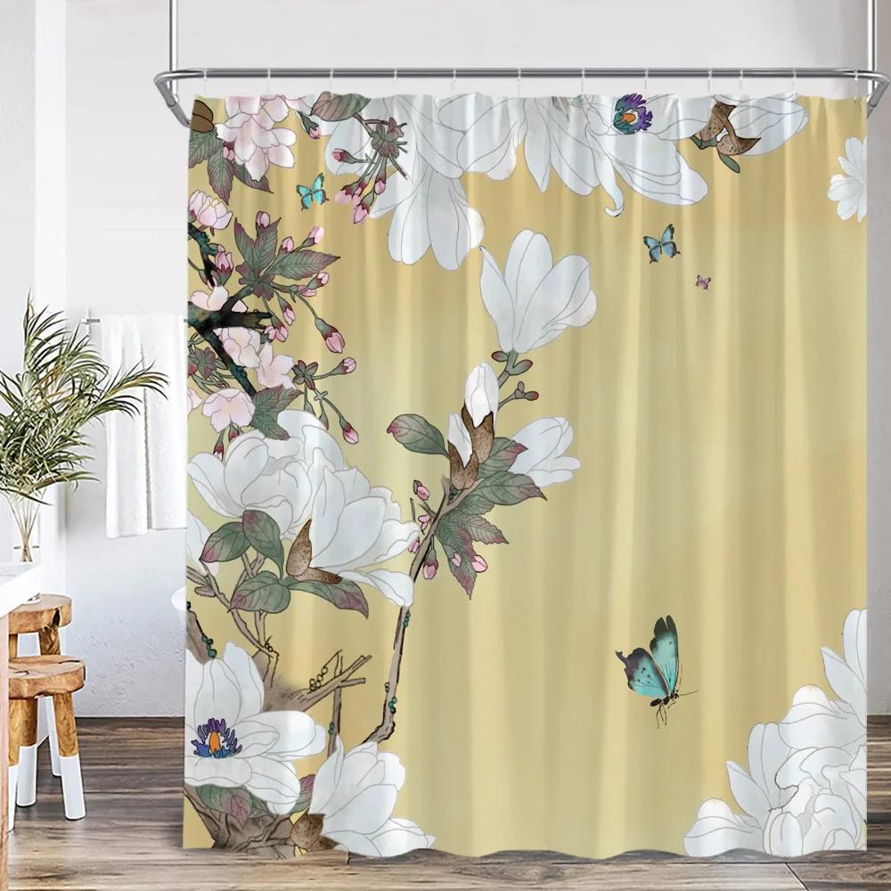Chinese Style Shower Curtain Birds Classical Flower Tree Plant Asian Bathroom Decor Vintage Polyester Bath Curtain with Hook