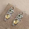 Retro Silver Barn Owl Dangle Earrings Natural Yellow Citrine Inlay Daily Wear Party Gift For Womenn