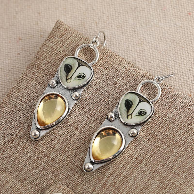 Retro Silver Barn Owl Dangle Earrings Natural Yellow Citrine Inlay Daily Wear Party Gift For Womenn