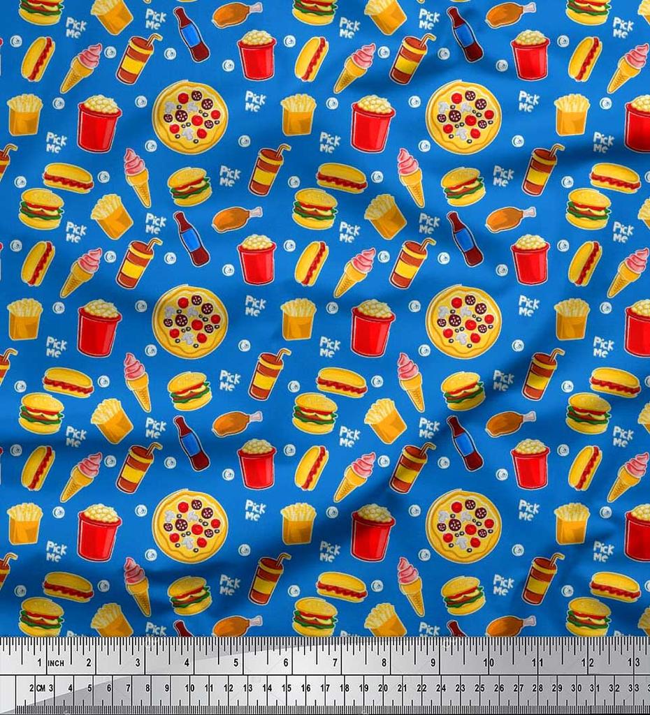 Soimoi Japan Crepe Satin Fabric Cold Drink,Pizza & Burger Food Printed Fabric 1 metre 42 Inch