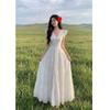 Xinjiang Yunnan tourism seaside vacation yellow long V-neck small flying sleeve waist dress French retro long dress