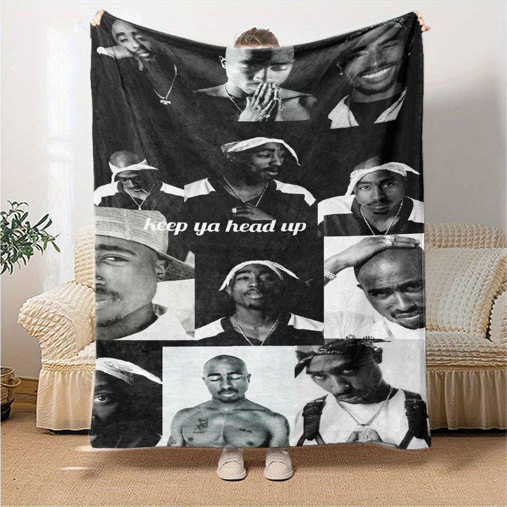 1pc 2PacHip Hop Blanket Soft Lightweight All Season Multi Purpose Throw for Sofa, Bed, Office & Picnics, French Style with Iconic Album Art & Quotes