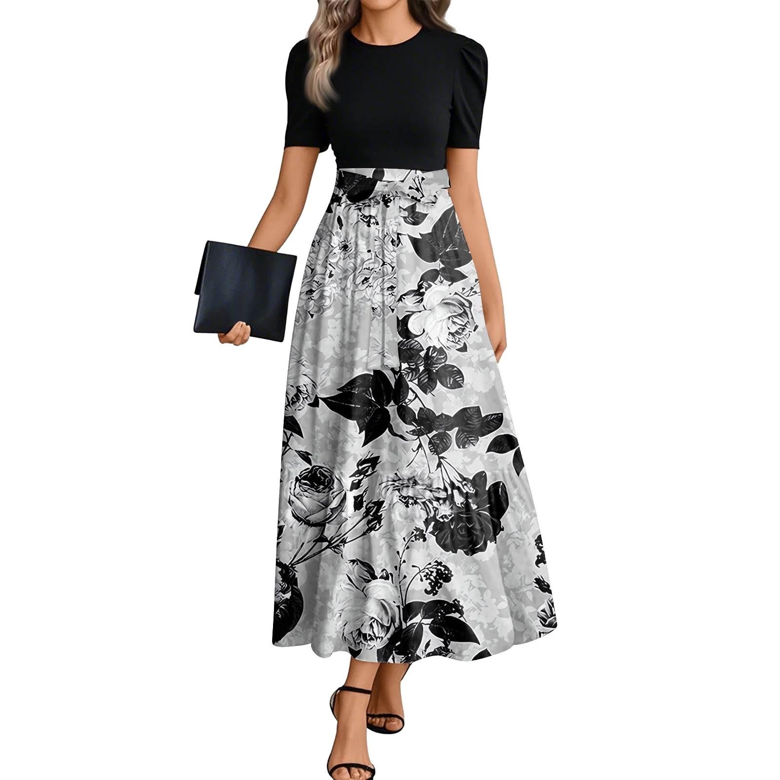 Women s Fashion Casual Belted Round Neck Short Sleeve Floral Patchwork Elegant Dresses XL