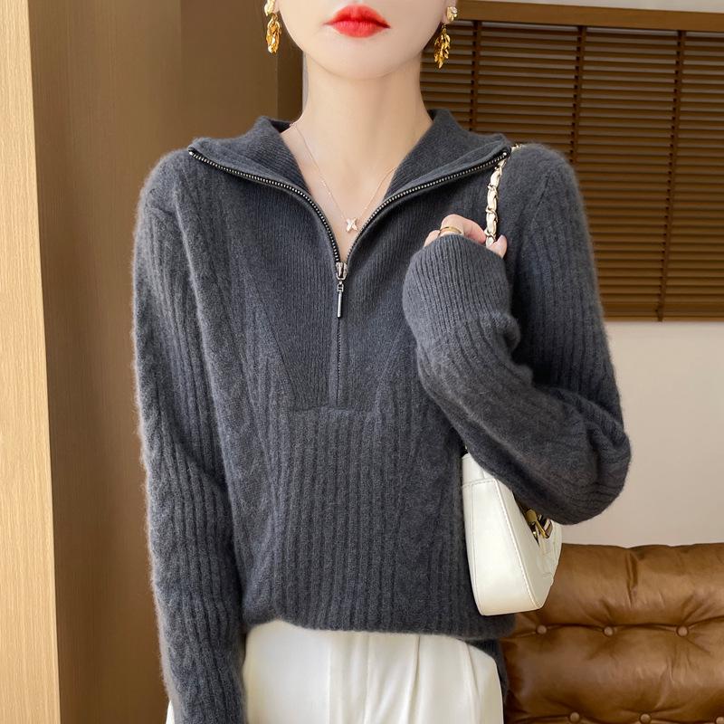 Women's High-Neck 100% Wool Cable Knit Sweater - Thickened Long Sleeve Zipper Pullover for Autumn & Winter