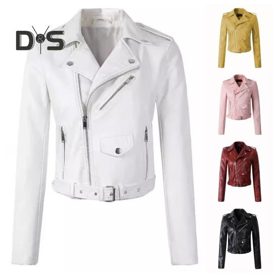 Women Jacket Faux Leather Smooth Surface Turn-down Collar Zip-up Zipper And Rivet Decor Long Sleeves Motorcycle Coat Travel Outerwear