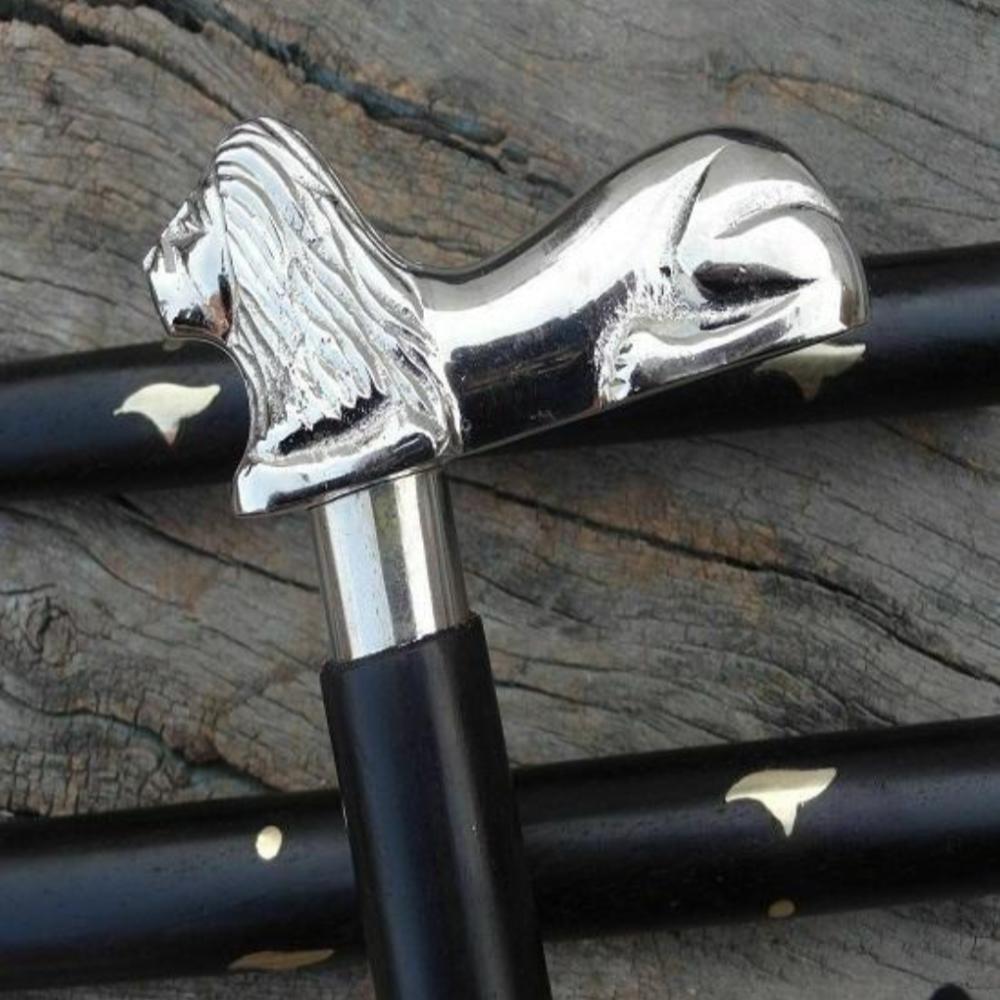 

Трость для ходьбы в форме головы льва из латуни и серебра в викторианском стиле – 92 см