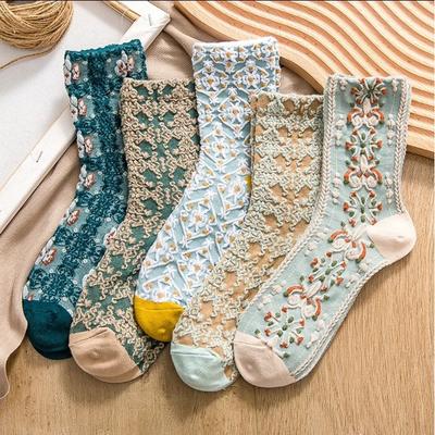 Socken Damen Mittelrohr Trend Court Retro Relief Strümpfe Floral Mode Hyunya Stil Stacking Socken