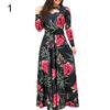 Women Sexy Long Sleeve Floral Print Waist Tight Large Swing Full-length Dress