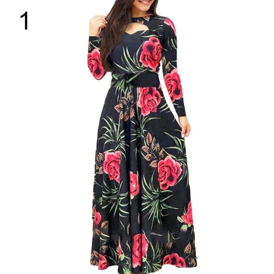 Women Sexy Long Sleeve Floral Print Waist Tight Large Swing Full-length Dress