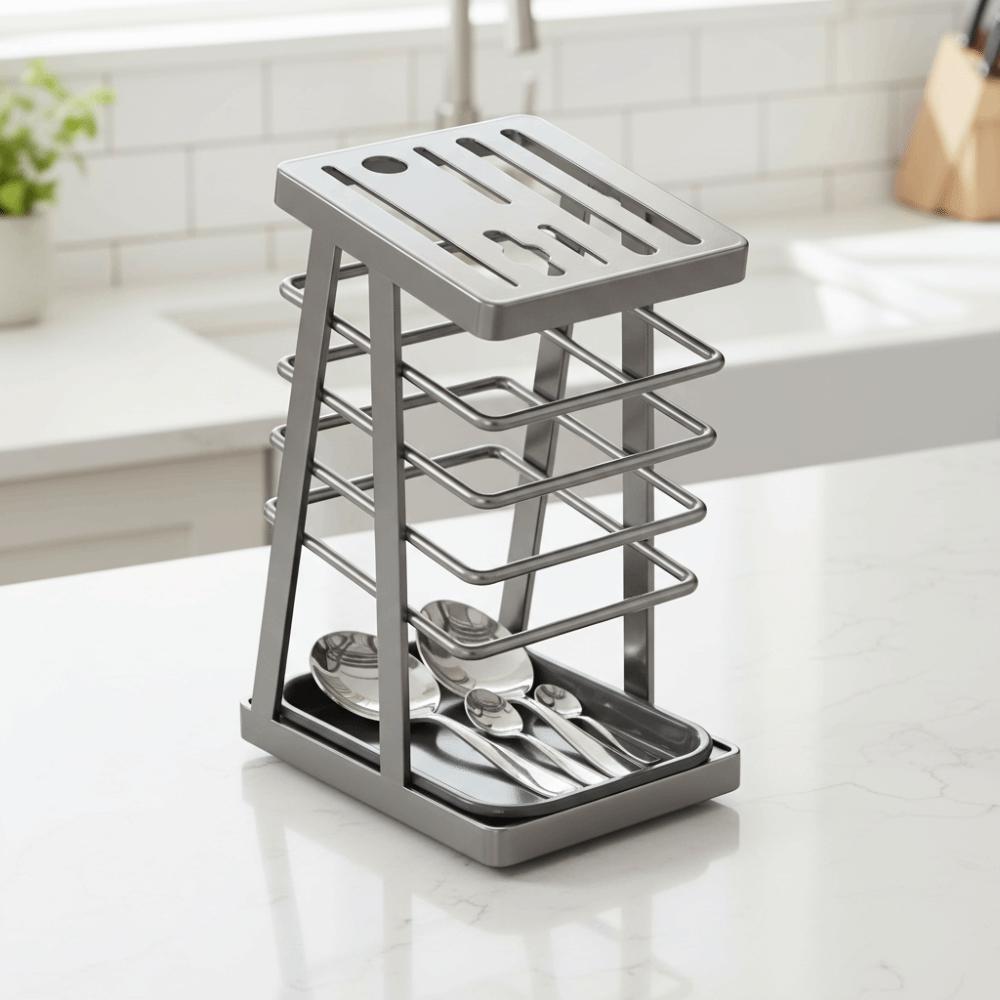 Rostfreies Abtropfgestell für die Arbeitsplatte Kohlenstoffstahl Verdickter Besteckhalter Wasserdicht Abnehmbare Küchenaufbewahrungshalter