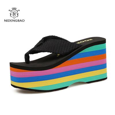 Papuci de plajă pentru femei, sandale cu pană, toc înalt 6CM 10CM, casual, cu vârf decupat, papuci cu platformă, curcubeu, vară, papuci de damă
