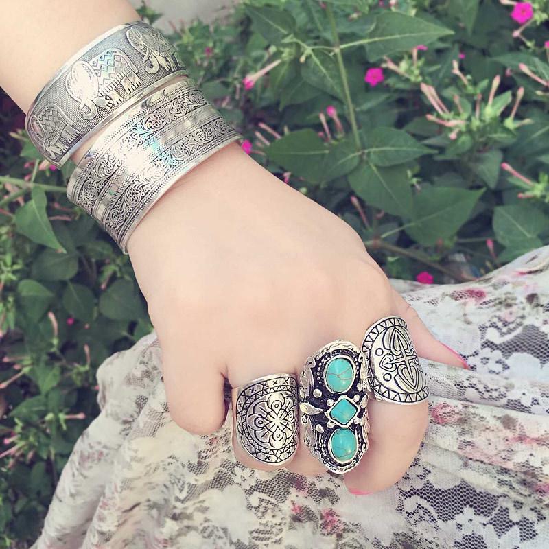 Vintage Silver Elephant Cuff Bracelet - Bohemian Ethnic Style for Women Pattern Elephant Wide Bracelet